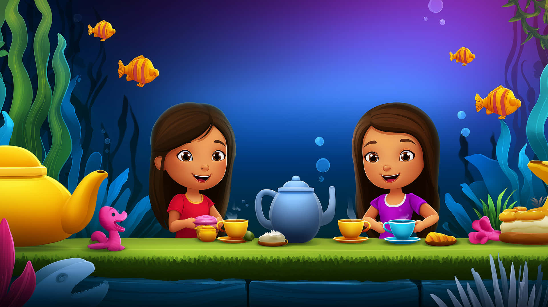 Cartoon Girls Having Tea Party in Vibrant Underwater World 壁紙 — 兩個女孩在水底享受茶，周圍有色彩繽紛的魚、珊瑚和海草，卡通場景。