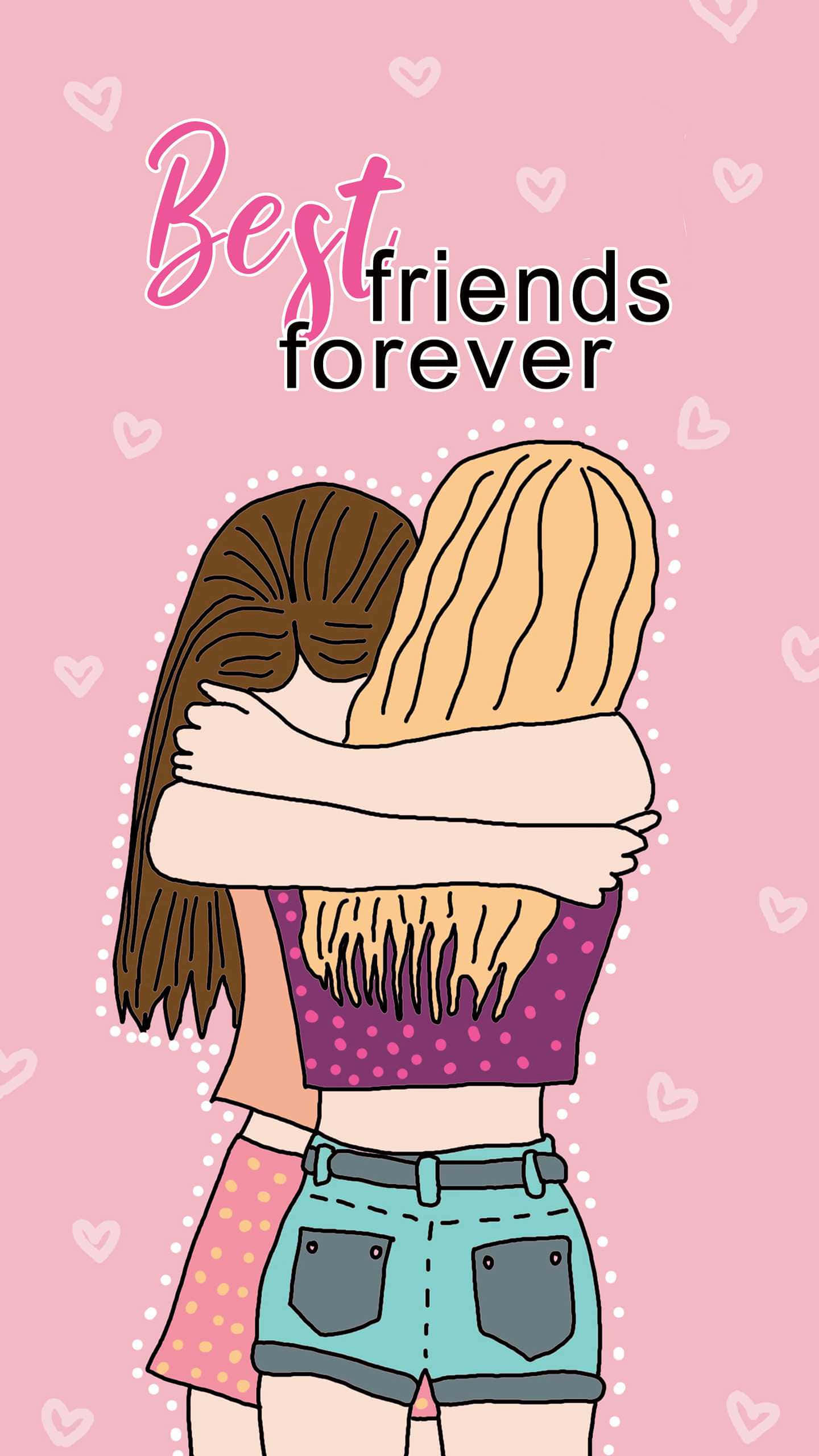 Best Friends Forever iPhone 桌布 壁紙 — 兩個女孩在粉紅色背景上溫暖擁抱，有心形圖案和「永遠的好朋友」文字。