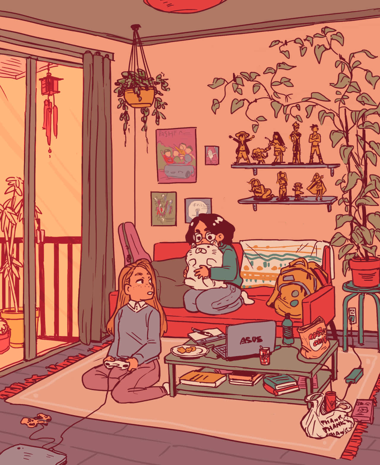 Friends 桌布 壁紙 — 兩個女孩在舒適的粉紅色調客廳中放鬆，一個在玩遊戲，另一個抱著貓，周圍環繞著植物和動漫人偶。