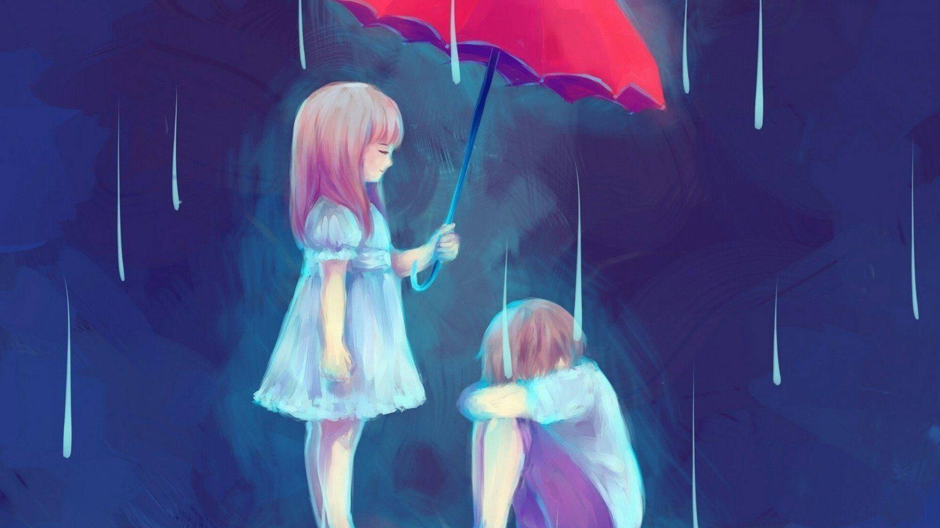 兩個女孩在雨中，一個拿著紅色雨傘，另一個蜷縮坐著