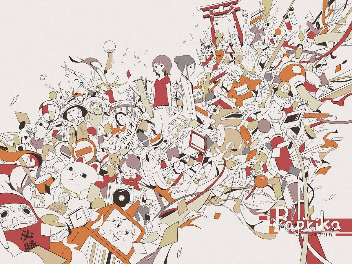 satoshi kon 桌布 壁紙 — 兩個女孩平靜地站在日本文化圖標和卡通人物的混亂爆炸中。