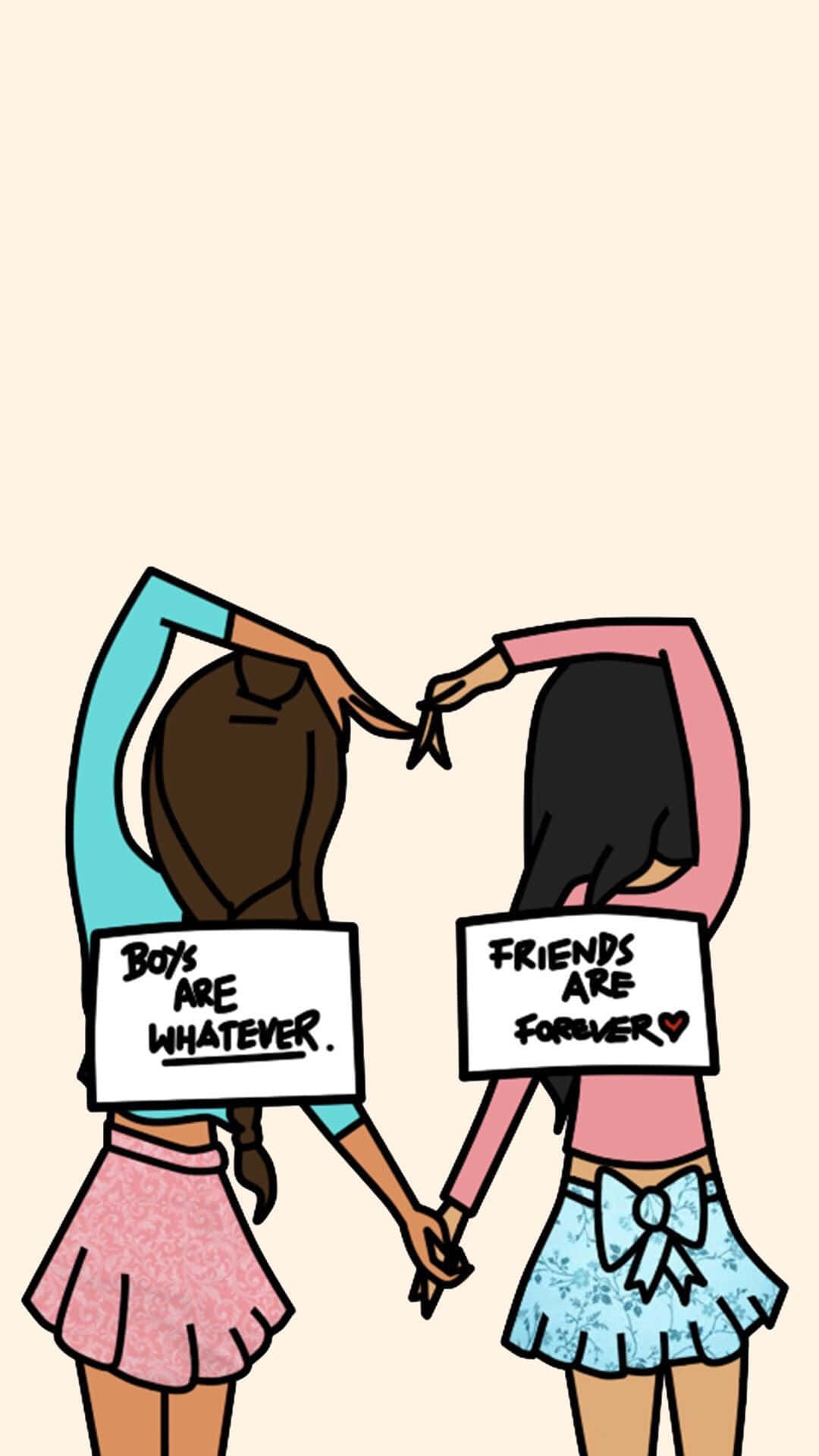 Bestie 桌布 壁紙 — 兩個女孩手持標語，上面寫著「男生無所謂」和「朋友永遠」，同時用手臂形成一個心形。