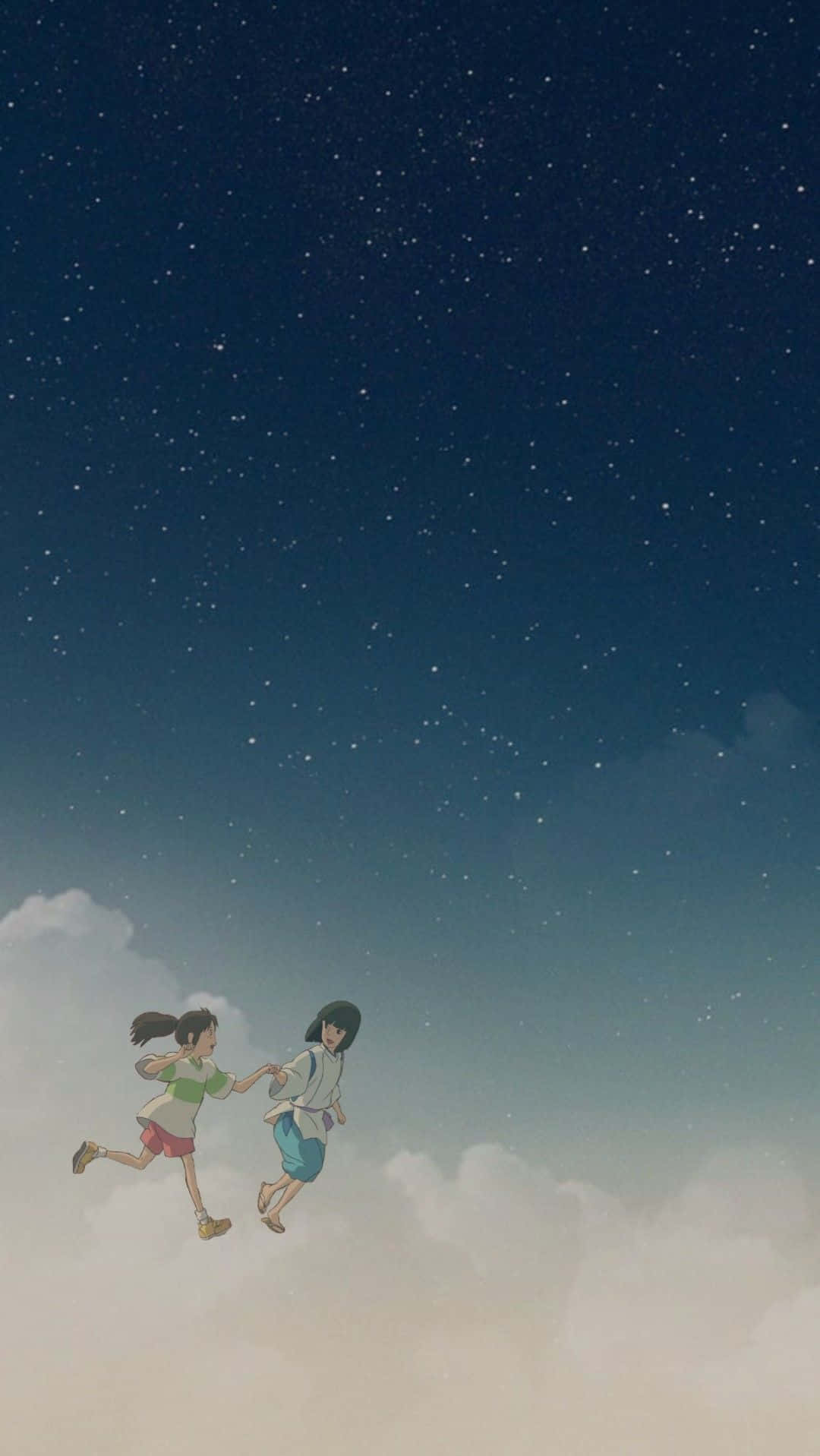 Haku Spirited Away Phone 桌布 壁紙 — 兩個女孩手牽手，在廣闊的星空下快樂地穿過柔軟的雲層奔跑。