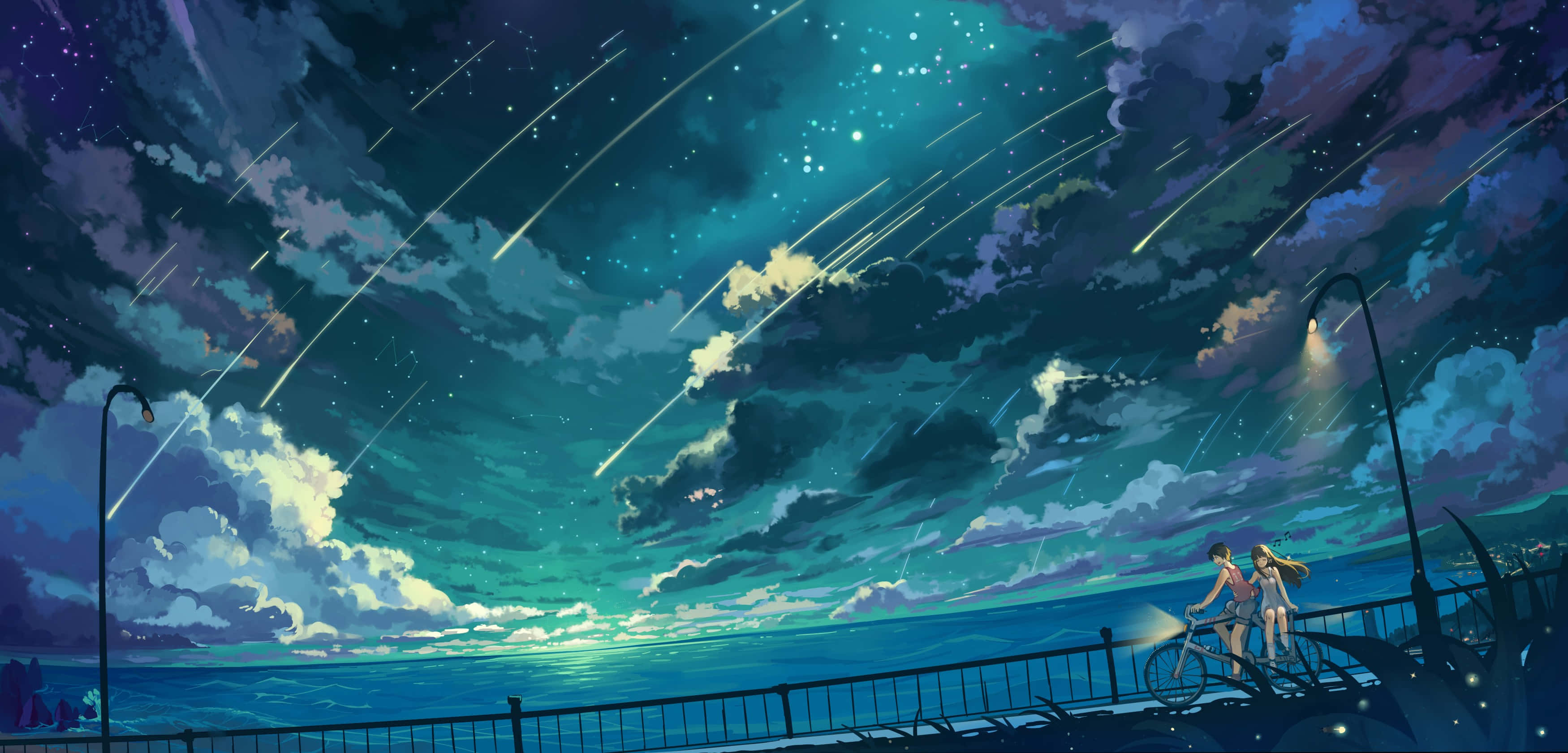 Anime Sky 桌布 壁紙 — 兩個女孩站在海邊碼頭上，夜空璀璨，流星劃過，雲朵發光。