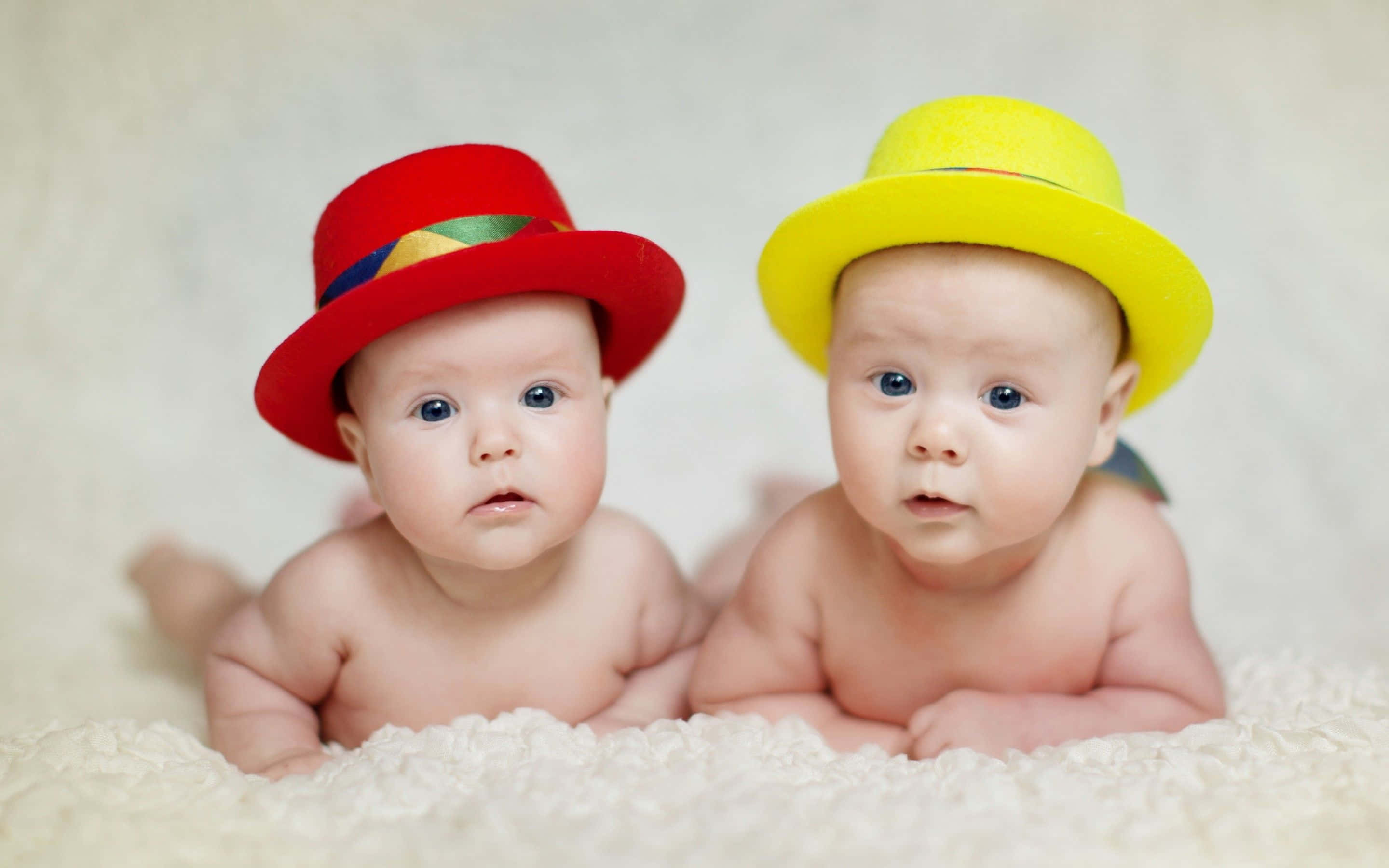 Cute Babies 桌布 壁紙 — 兩個好奇的寶寶戴著色彩繽紛的帽子，在柔軟的白色地毯上直視鏡頭。