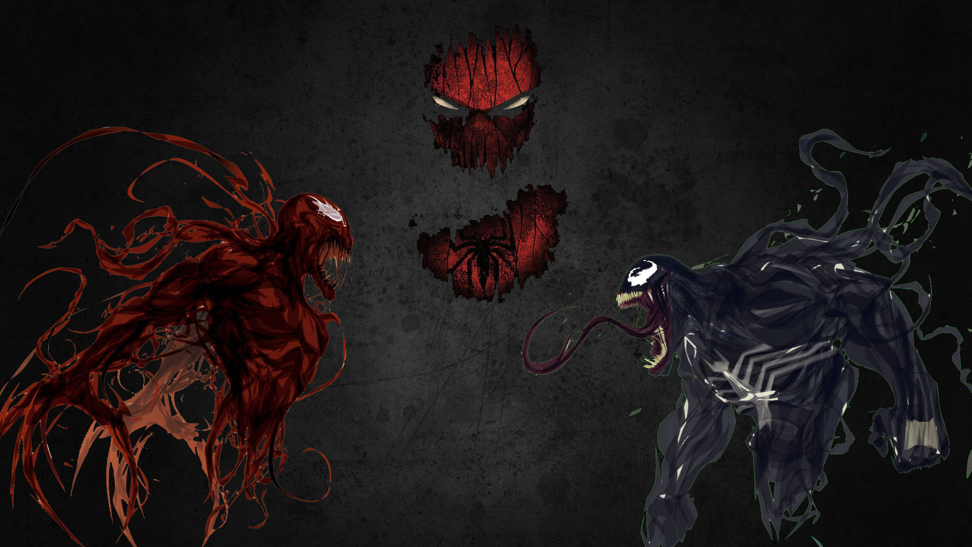 Venom Carnage 桌布 壁紙 — 兩個威脅性的共生體生物在黑暗背景下對峙，上方有一個紅色蜘蛛標誌。