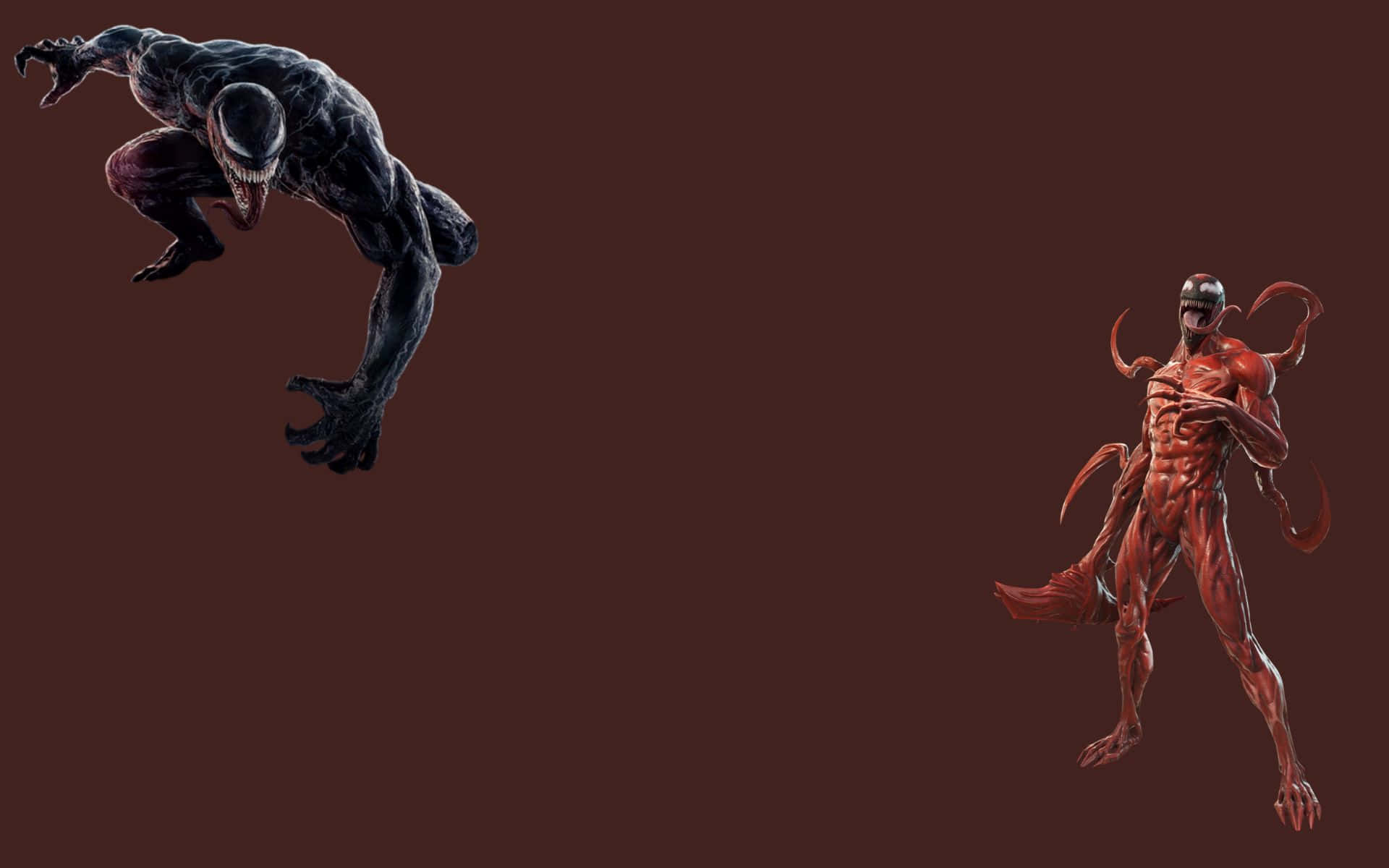 Carnage Vs Venom 桌布 壁紙 — 兩個威脅性的共生體角色毒液和屠殺在純深棕色背景前動態擺姿勢。
