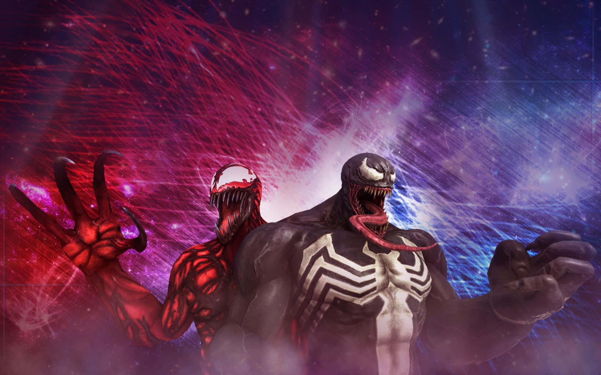 Carnage Vs Venom 桌布 壁紙 — 兩個威脅性的共生體角色猛毒和屠殺站在宇宙紅色和藍色能量爆發背景前。