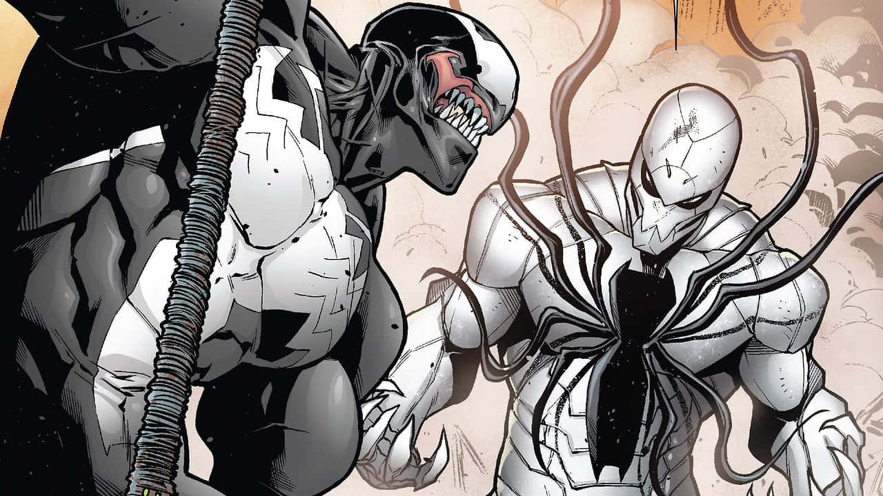 Venomverse 桌布 壁紙 — 兩個威脅性的共生體角色猛毒和白虎以尖銳的黑白對比在 gritty 漫畫風格中碰撞。