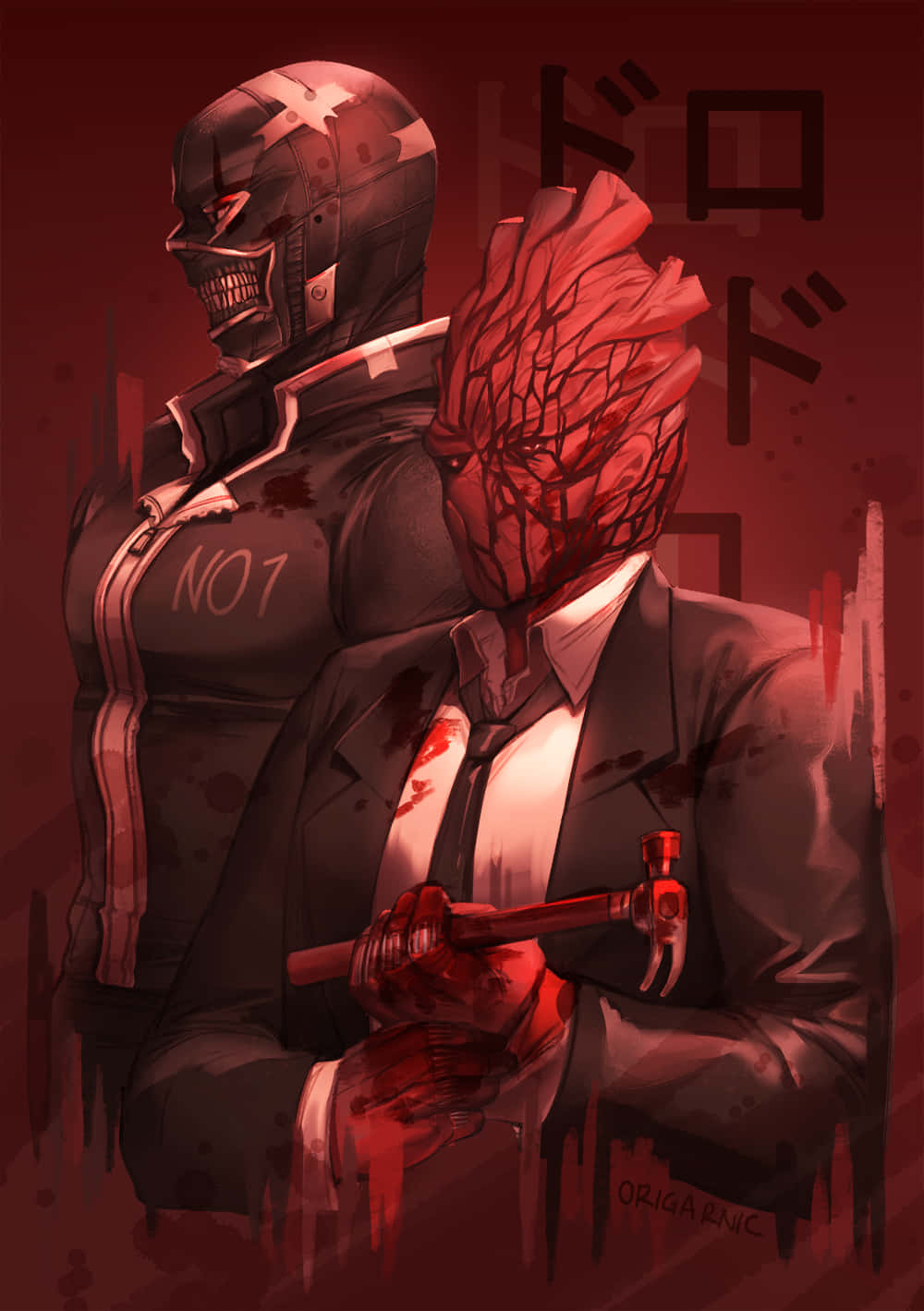 dorohedoro 桌布 壁紙 — 兩個威脅性的動漫角色，一個身穿標有NO7的裝甲服，另一個有血淋淋的樹根頭，手持錘子，背景為深紅色。