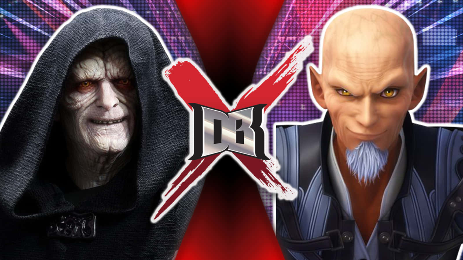 Kingdom Hearts Xehanort 桌布 壁紙 — 兩個威脅性的動畫角色在一個鮮豔的紅色和紫色數位X標誌上對峙。