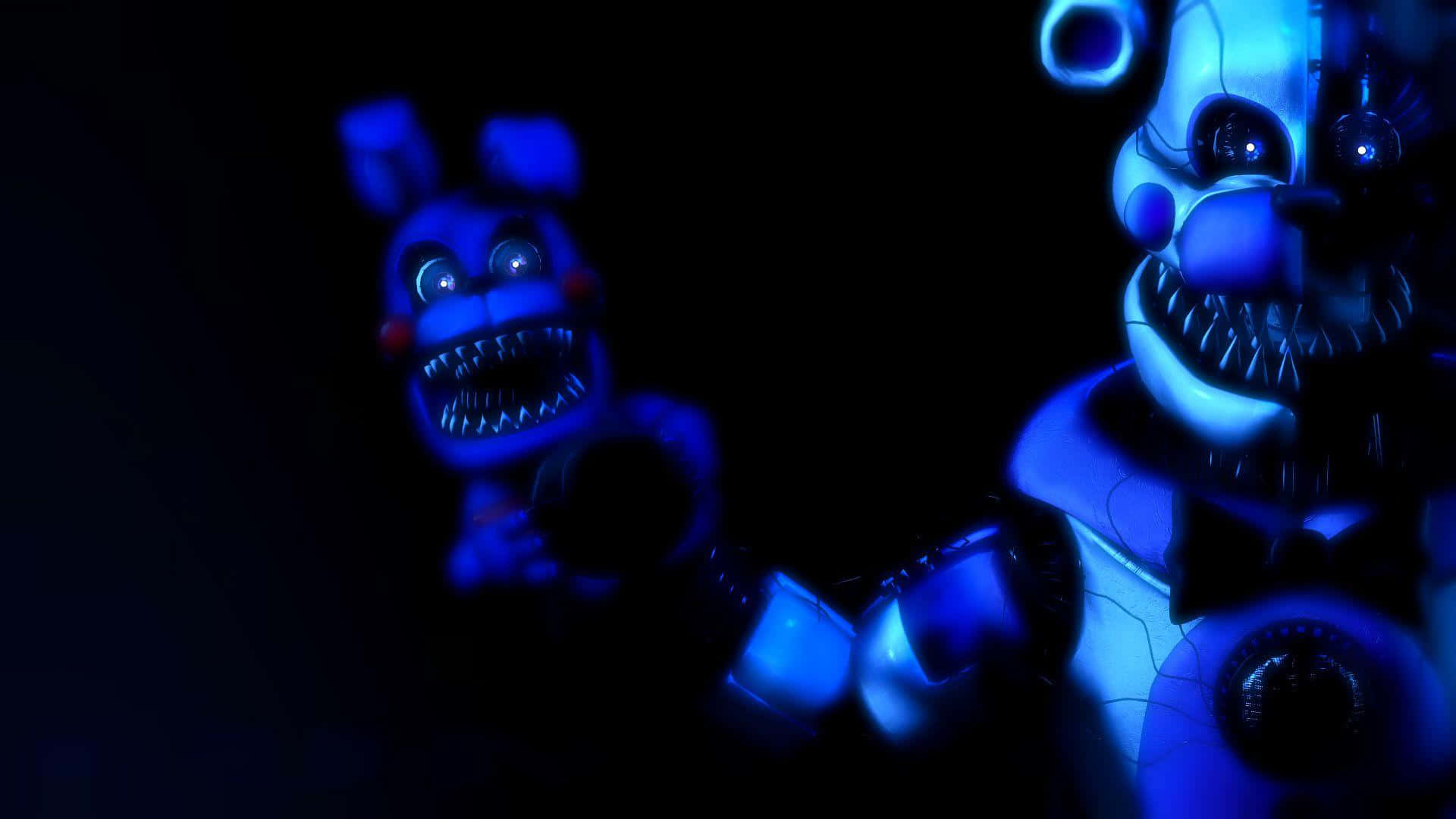 Funtime Freddy 桌布 壁紙 — 兩個威脅性的電子動畫角色在漆黑的背景下發出詭異的藍光。