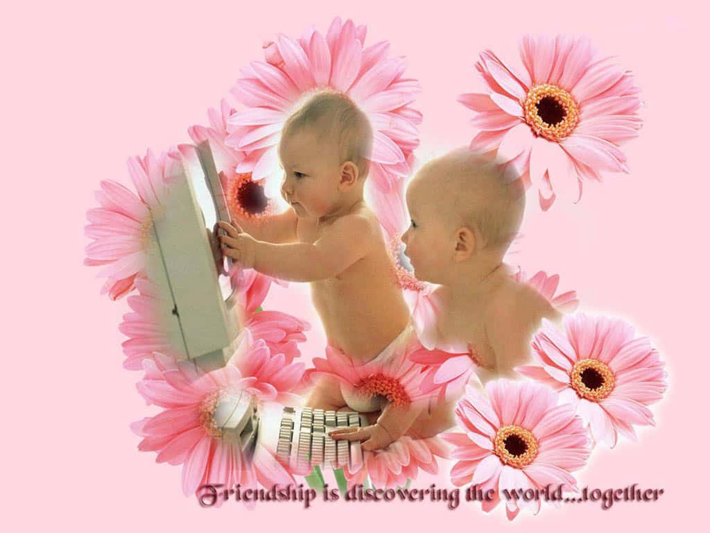 Friendship Day 桌布 壁紙 — 兩個嬰兒在柔和粉紅色背景前探索一個被大粉紅色非洲菊雛菊圍繞的鍵盤。