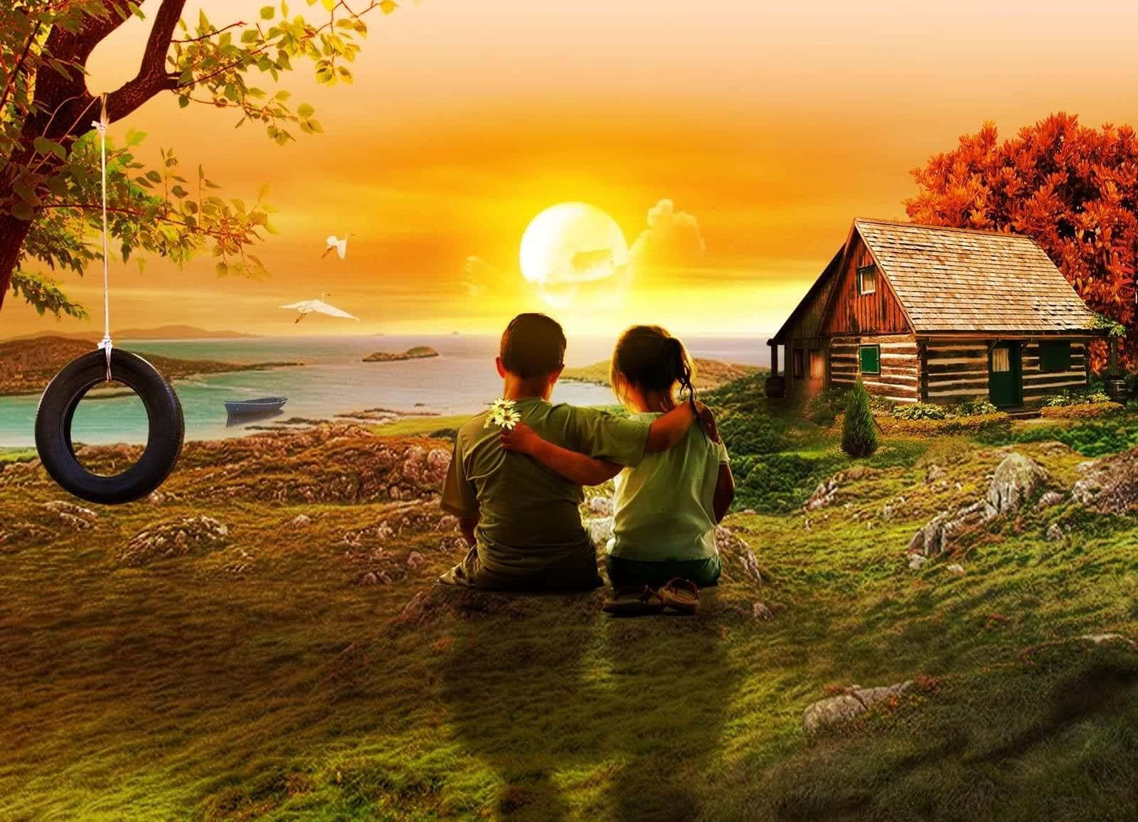 Friendship 桌布 壁紙 — 兩個孩子一起坐在日落時分的草地上，眺望平靜的大海，附近有一間木屋，樹上掛著一個輪胎鞦韆。