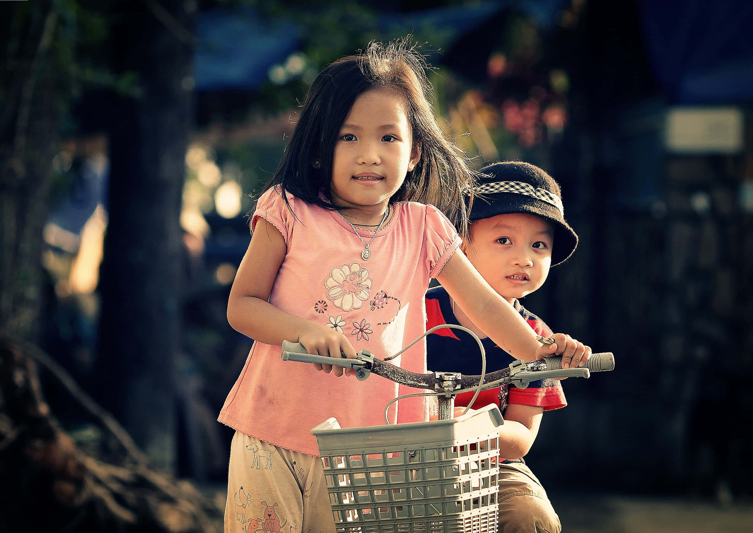 Cute Kids 桌布 壁紙 — 兩個孩子一起騎腳踏車，穿過陽光普照的戶外環境，有樹木和柔和散景背景。