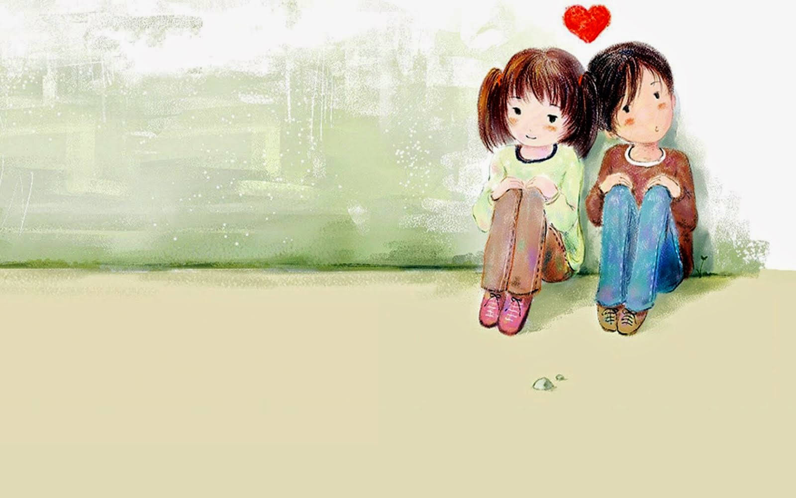 Love Drawings 桌布 壁紙 — 兩個孩子並排坐在地上，一個紅心漂浮在他們頭頂上方。
