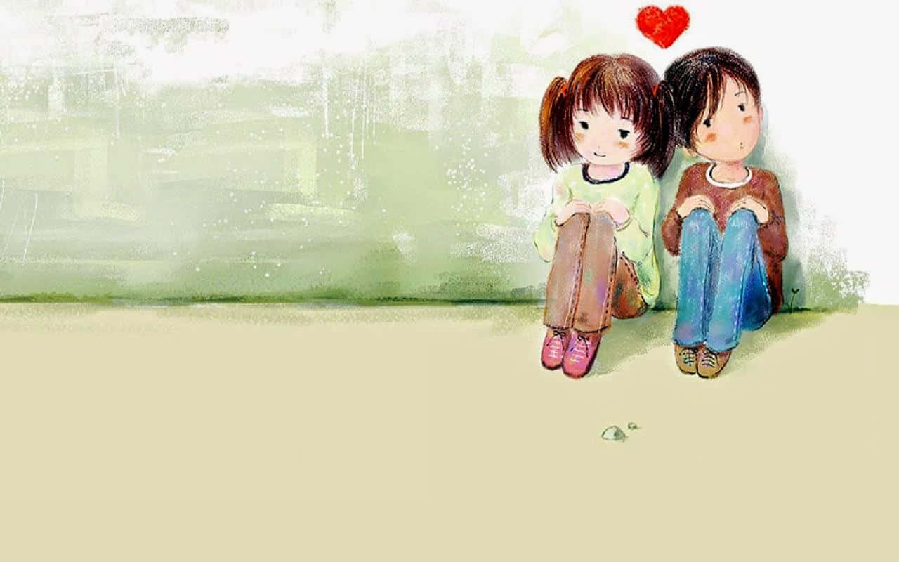 couple love 桌布 壁紙 — 兩個孩子並排坐在地上，一個紅心漂浮在他們頭頂。
