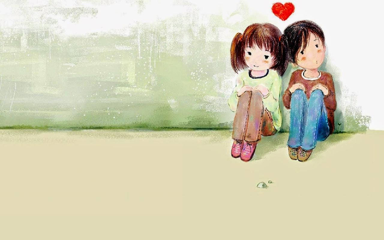 Cartoon Boy 桌布 壁紙 — 兩個孩子並排坐在地上，一個紅色愛心漂浮在他們上方，背景是柔和的綠色紋理。