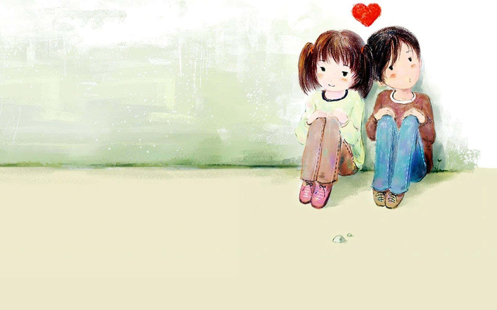 Couples 桌布 壁紙 — 兩個孩子並排坐在柔和的綠色牆壁旁，一個紅心漂浮在他們上方。