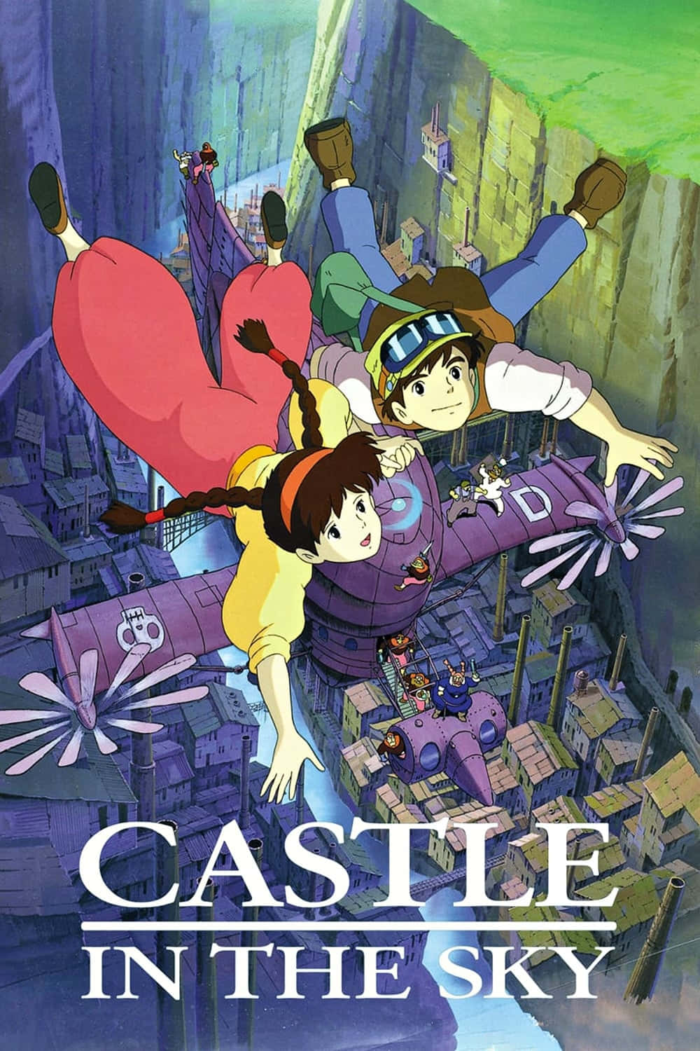 Castle In The Sky 桌布 壁紙 — 兩個孩子乘坐紫色飛船飛越峽谷，下方是漂浮的城市，天空發出綠色光芒。
