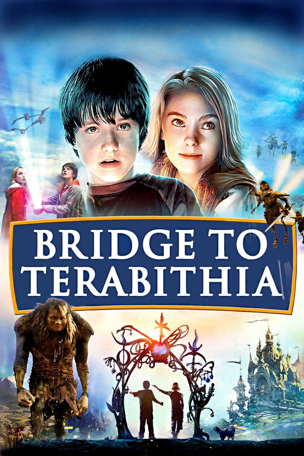bridge 桌布 壁紙 — 兩個孩子凝視前方，奇幻生物和魔法橋樑引領他們前往暴風雨天空下閃閃發光的城堡。
