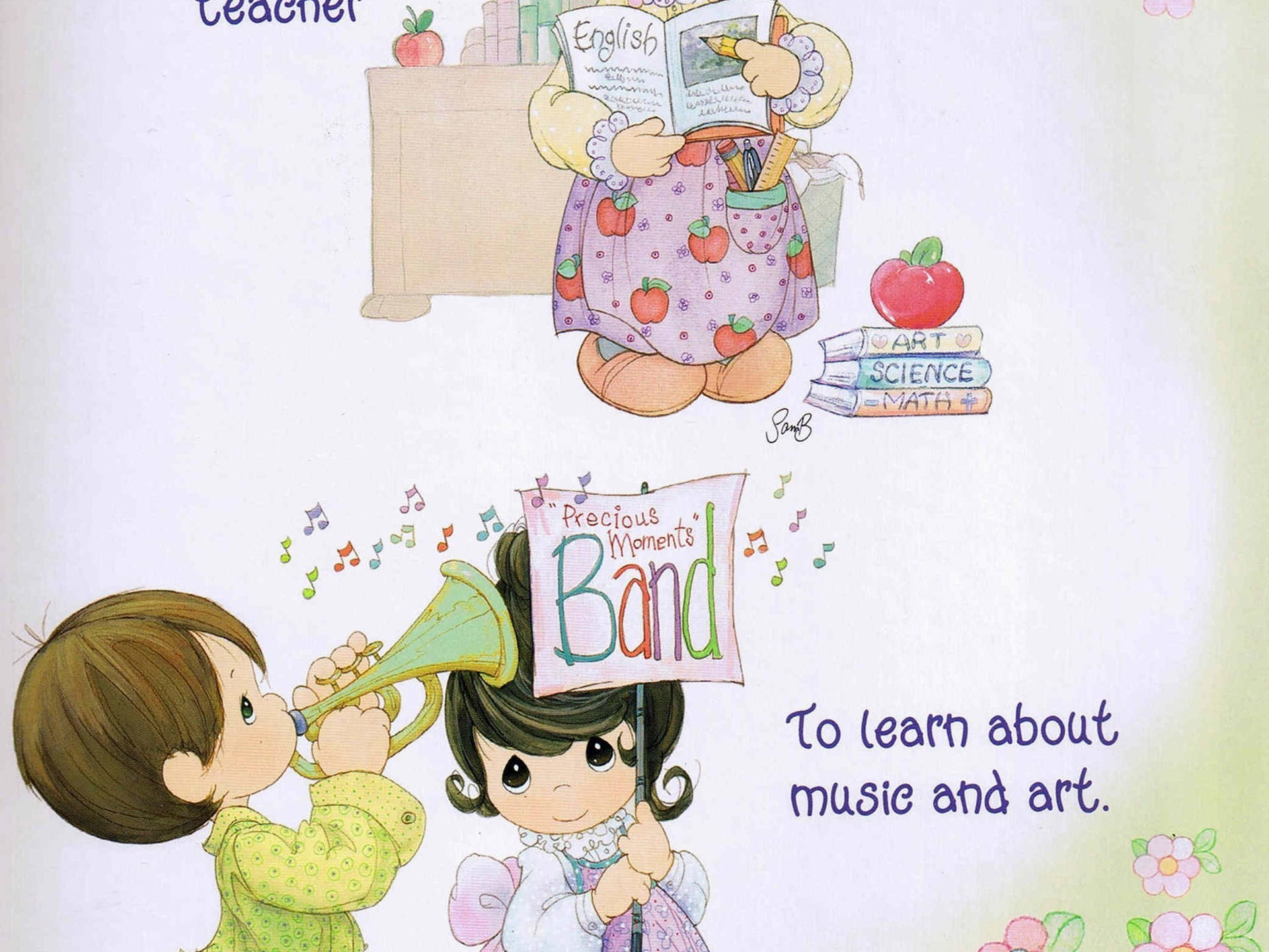 小孩動圖 桌布 壁紙 — 兩個孩子吹奏小號，並舉著一個被音符和學校用品包圍的「Precious Moments Band」標誌。