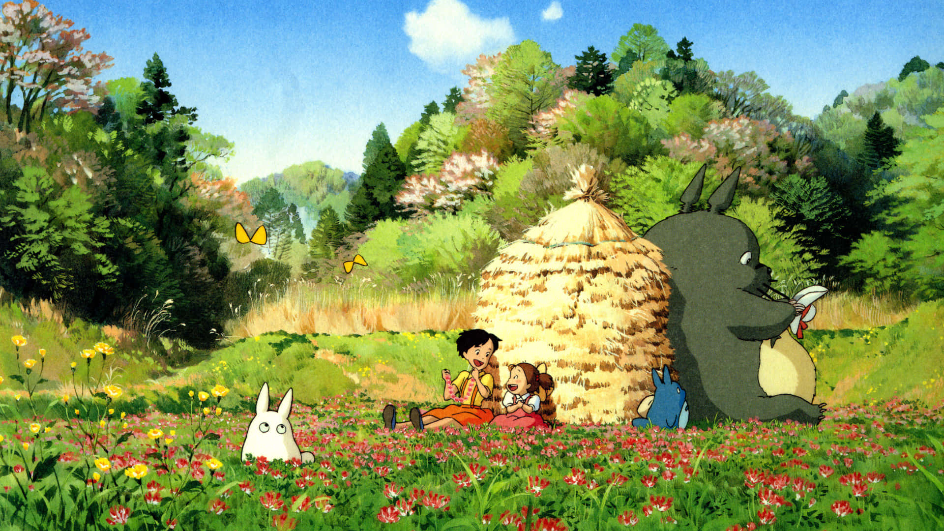 my neighbor totoro 桌布 壁紙 — 兩個孩子和一隻巨大的森林生物在陽光明媚的草地上放鬆，草地上充滿了色彩繽紛的花朵和翩翩起舞的蝴蝶。