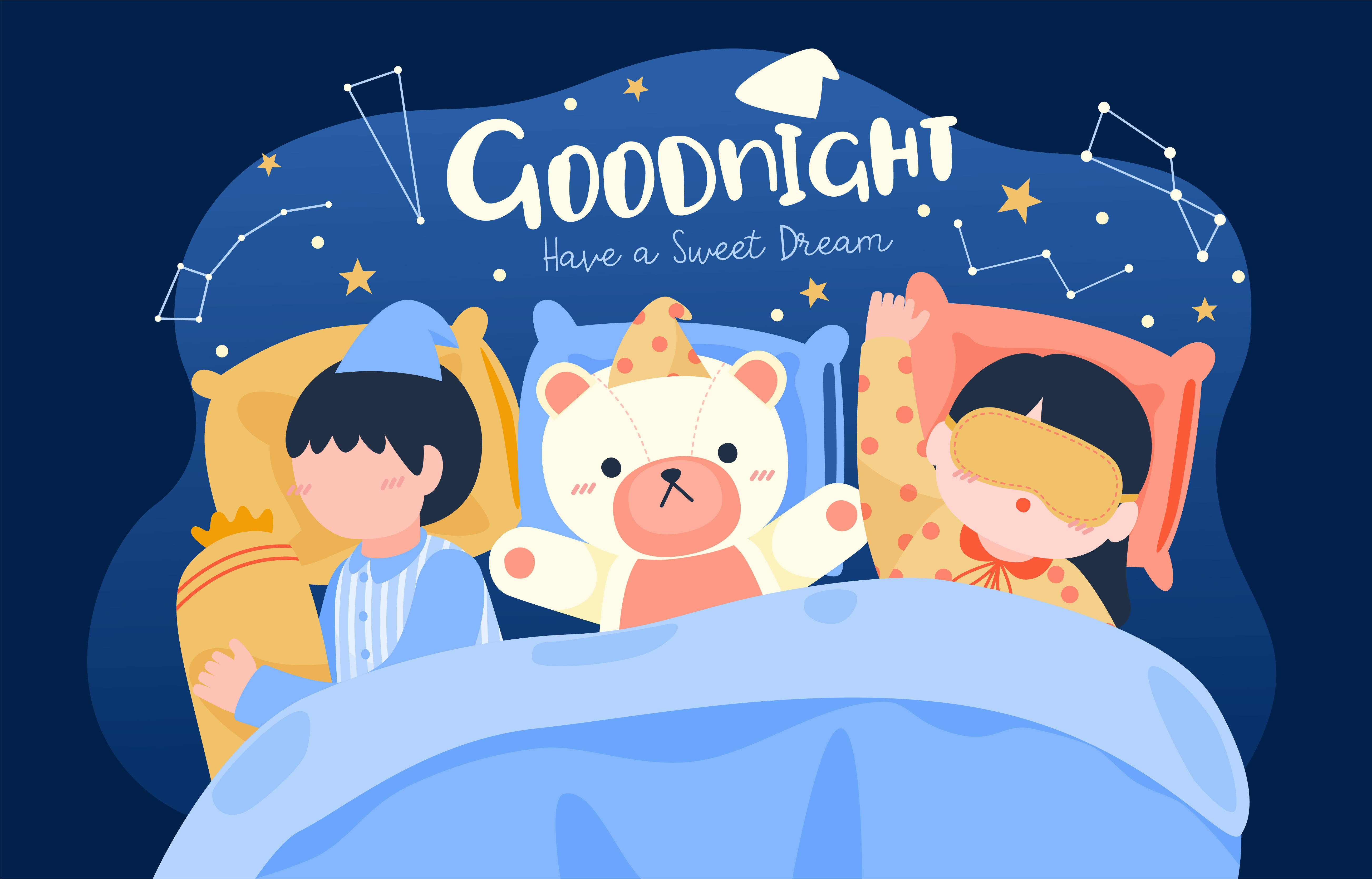 晚安 桌布 壁紙 — 兩個孩子和一隻泰迪熊在床上，背景是星空、星座輪廓和「Goodnight」文字。