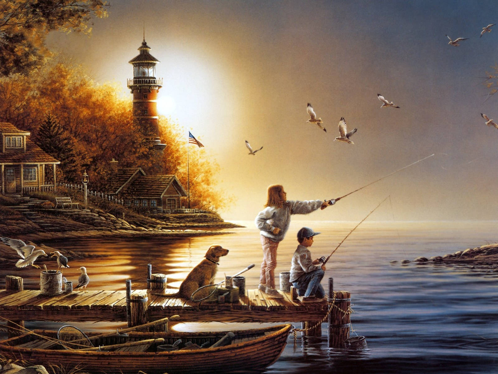 Sea HD 桌布 壁紙 — 兩個孩子和一隻狗從木碼頭釣魚，海鷗翱翔，燈塔在金色日落中溫暖地閃耀。