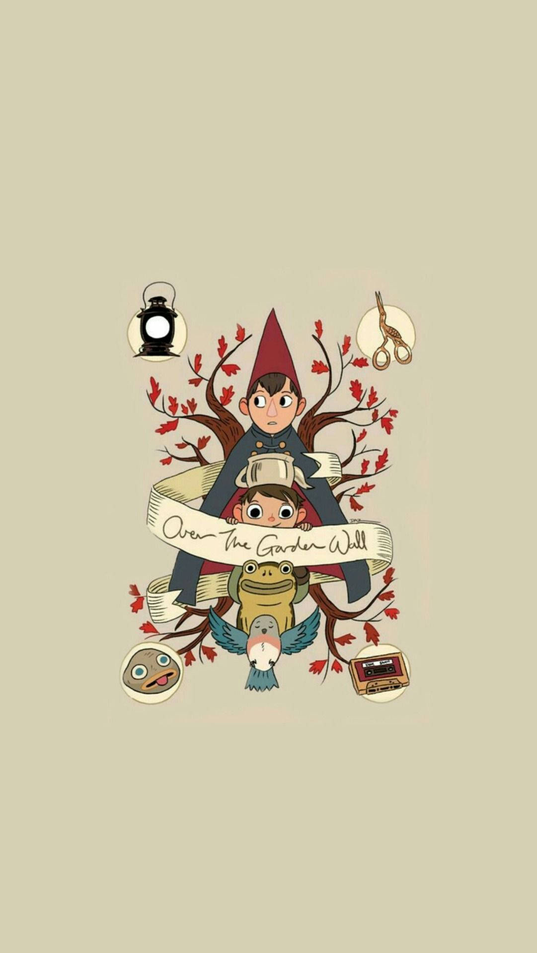 over the garden wall 桌布 壁紙 — 兩個孩子和一隻青蛙坐在一棵有秋葉的樹下，周圍是風格化插圖中的奇思妙想物品。