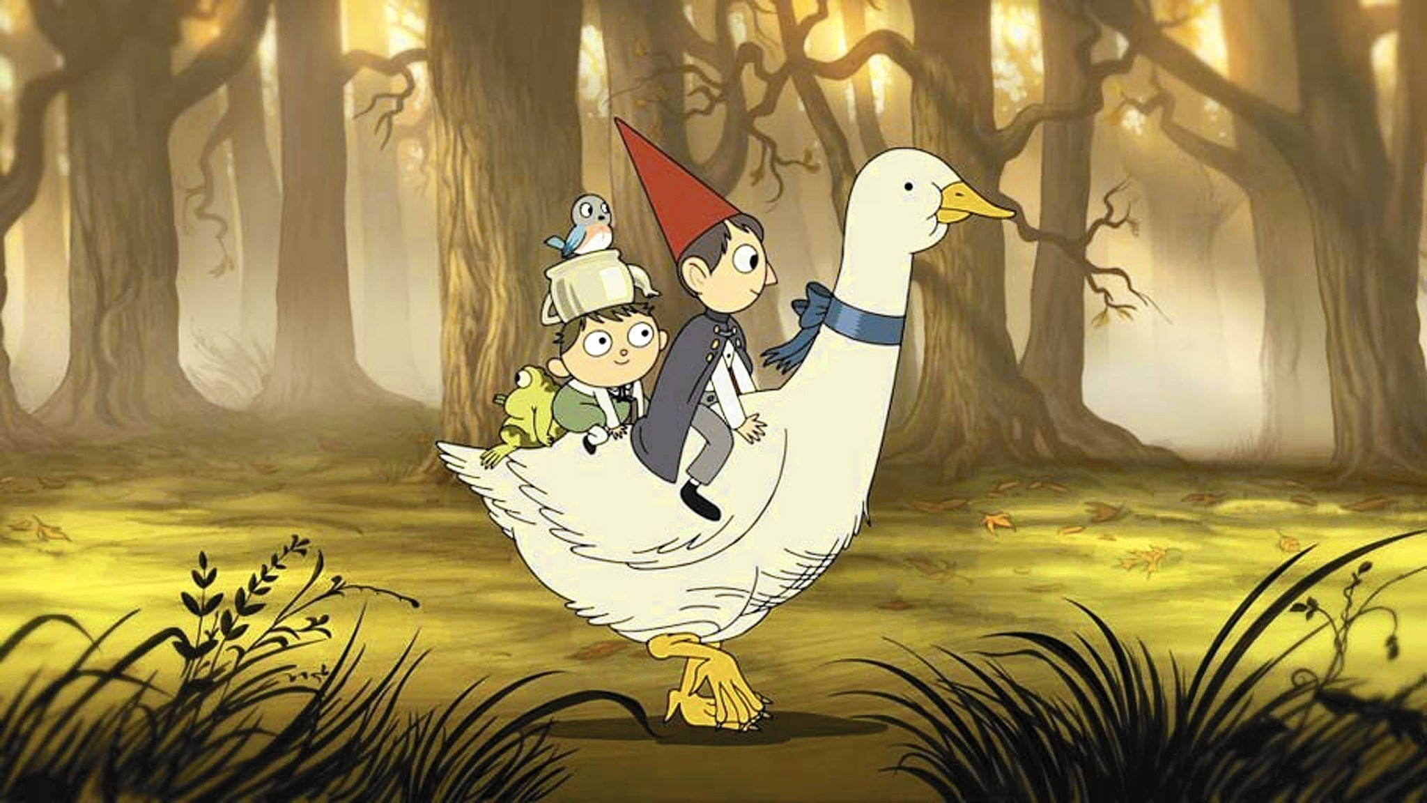 over the garden wall 桌布 壁紙 — 兩個孩子和一隻鳥騎著一隻大白鵝穿過迷霧籠罩的金色森林，樹木扭曲。