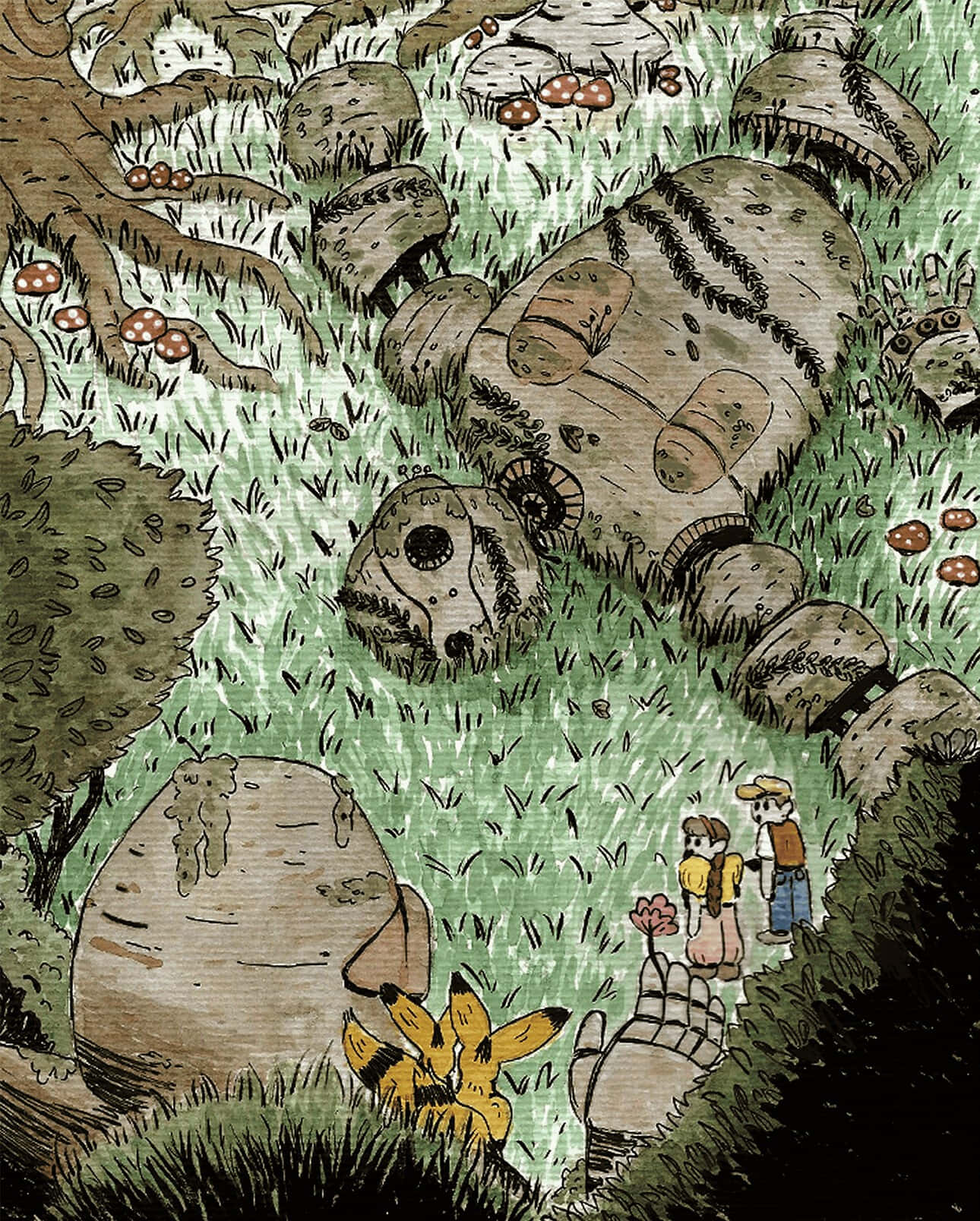 Castle In The Sky 桌布 壁紙 — 兩個孩子和一隻黃色狐狸探索一個長滿苔蘚的森林，裡面充滿了巨大的蘑菇和古老的石頭廢墟。