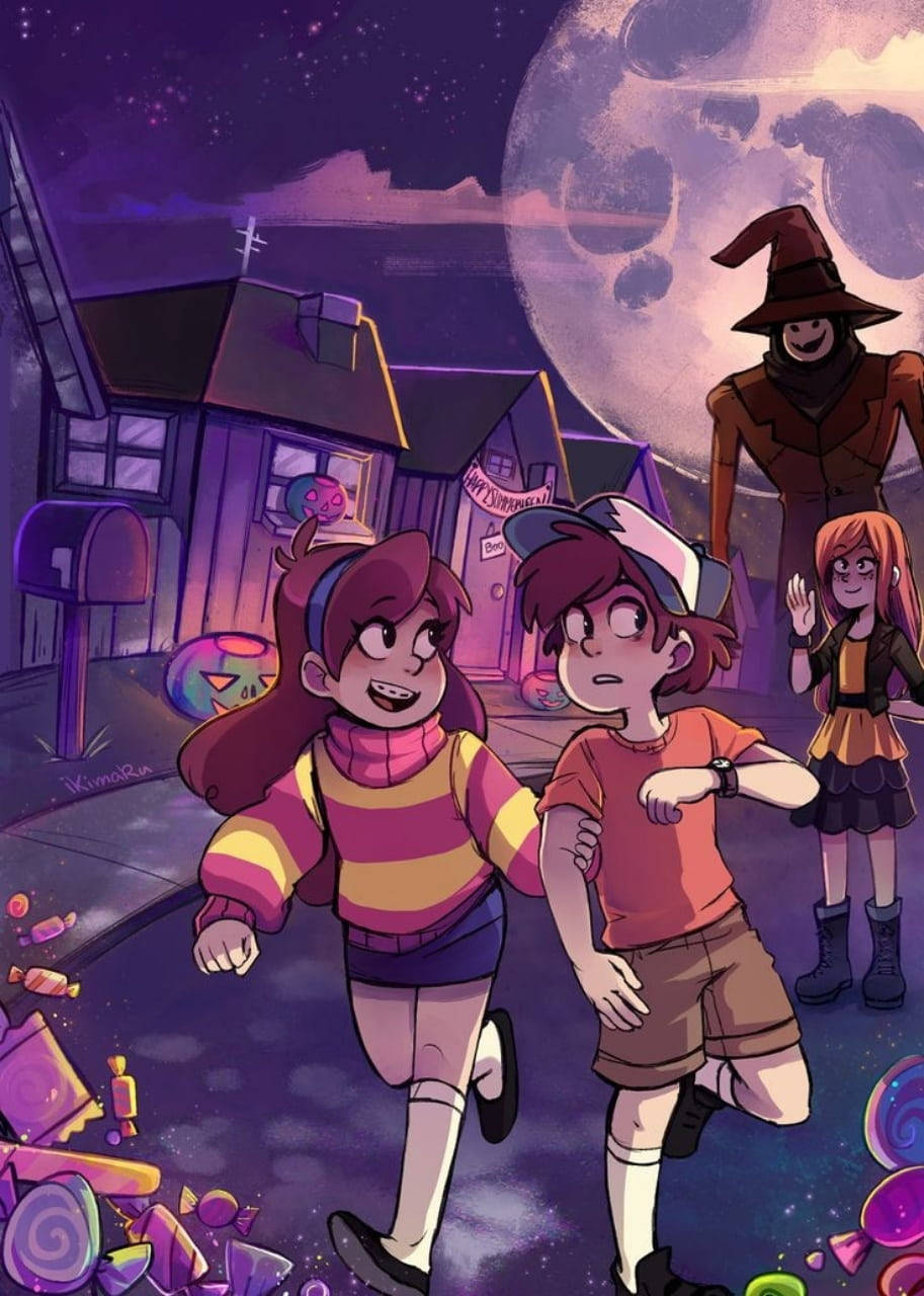 Mabel 桌布 壁紙 — 兩個孩子在巨型月亮下跑過一個散滿糖果的社區，背後有一個女巫若隱若現。