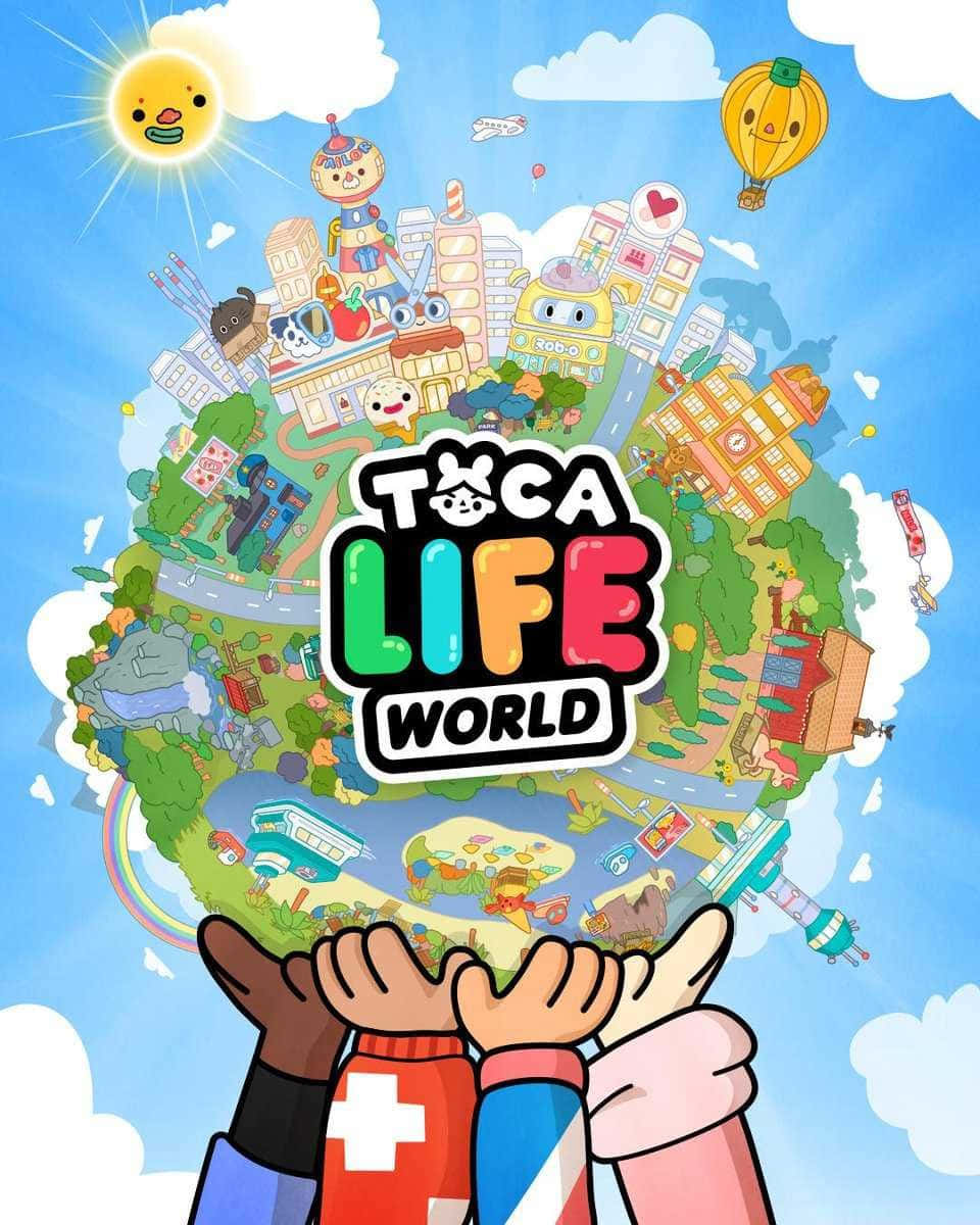 Aesthetic Toca Life 桌布 壁紙 — 兩個孩子在微笑的太陽下舉起一個色彩繽紛的卡通地球儀，裡面充滿了奇特的建築物、動物和漂浮的熱氣球。