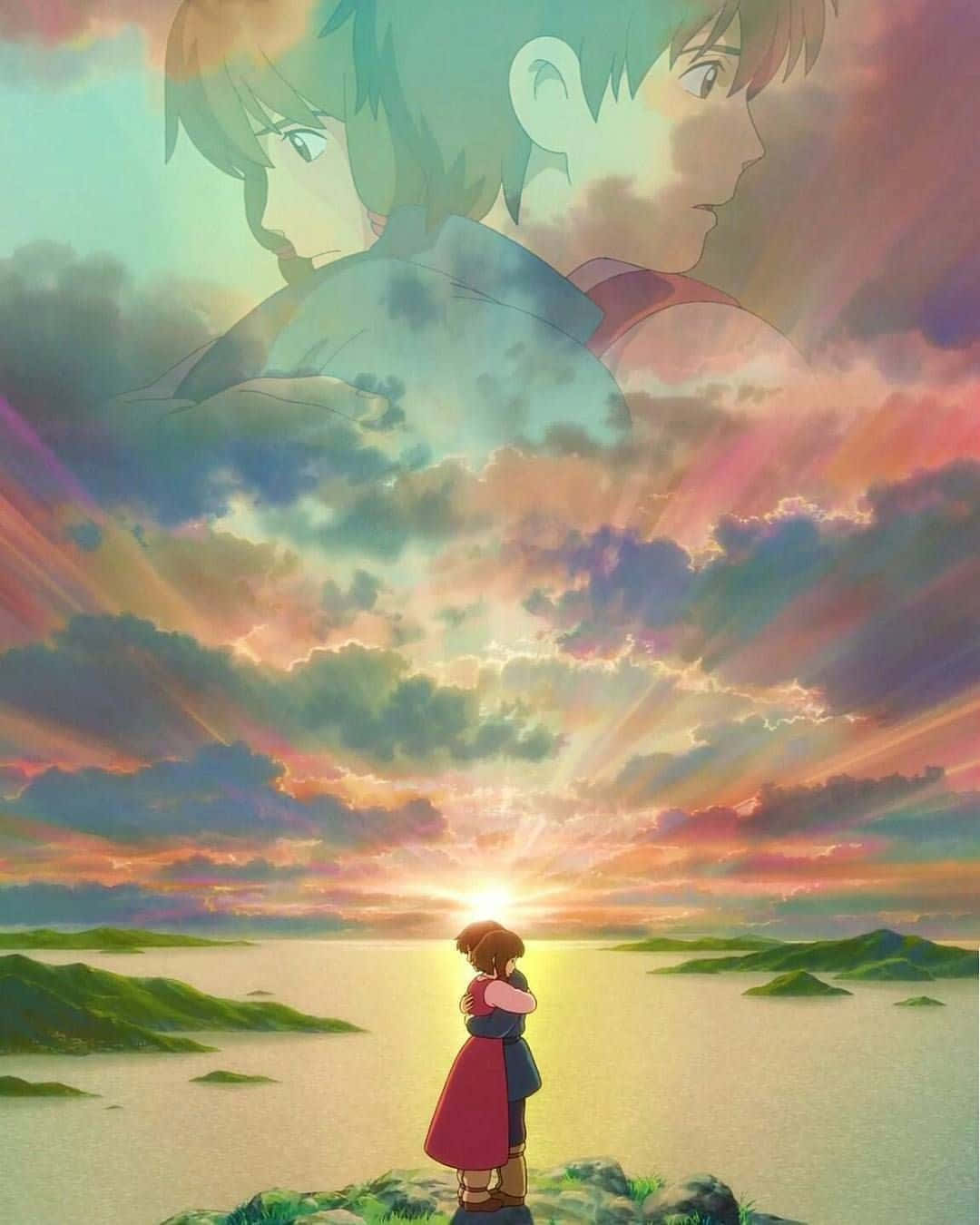 Tales From Earthsea 桌布 壁紙 — 兩個孩子在懸崖上擁抱，發光的日落照亮了雲層中空靈的面孔。