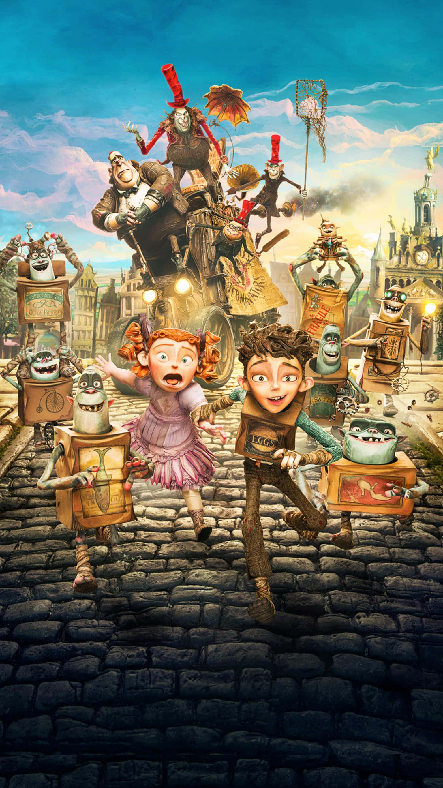 the boxtrolls 桌布 壁紙 — 兩個孩子在明亮的藍天下沿著鵝卵石街道奔跑，被古怪的機器人生物和一個高聳的機械怪物追趕。