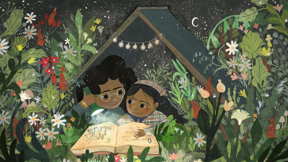 Storybook 桌布 壁紙 — 兩個孩子在星空下，於一個被野花環繞的茂密樹屋內，蜷縮在一起閱讀一本發光的書。
