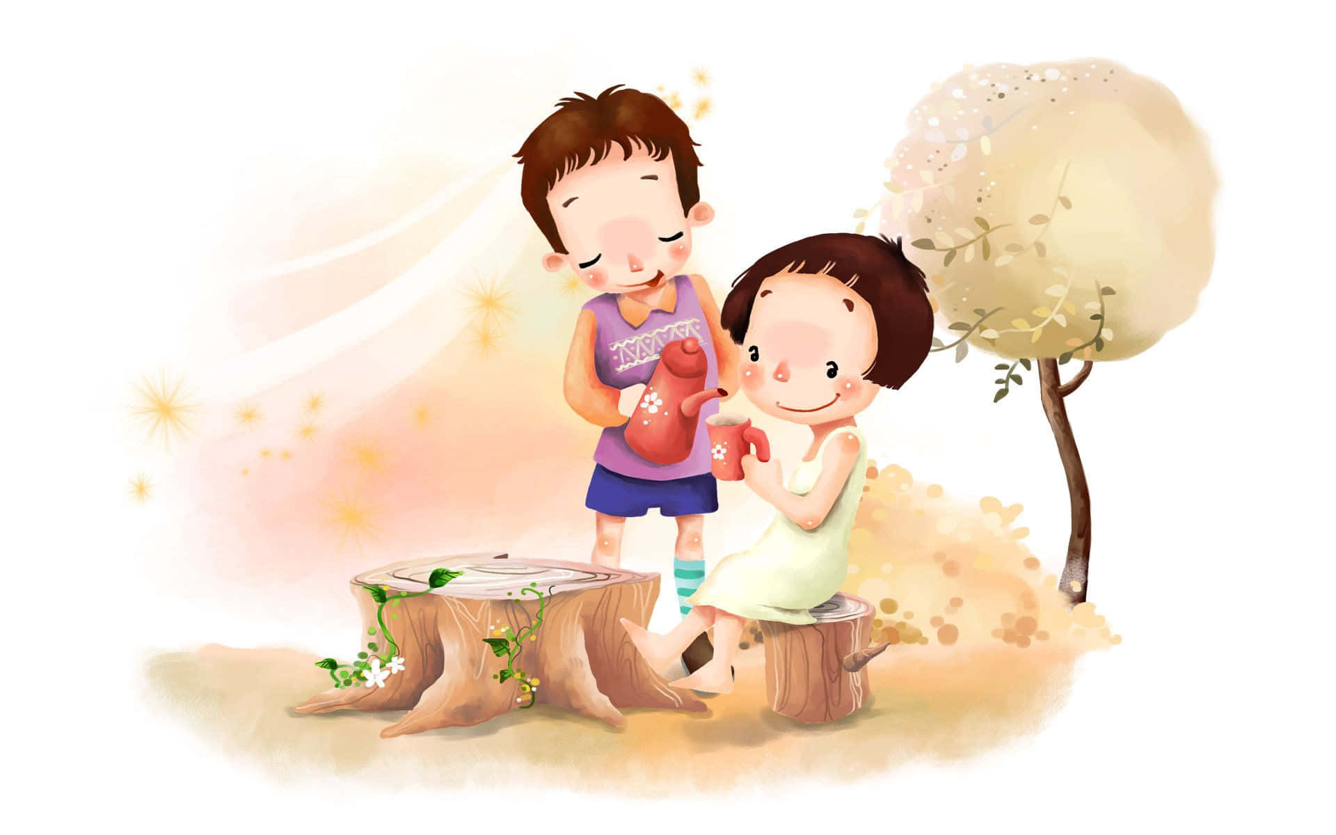 couple love 桌布 壁紙 — 兩個孩子在柔和發光的天空下，在樹樁上分享溫暖的茶時光，附近有一棵開花的樹。