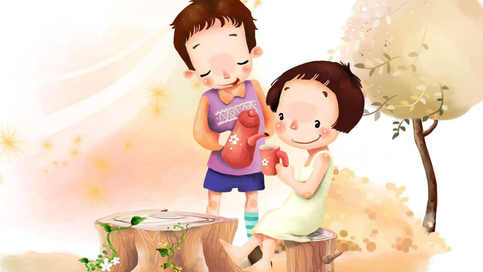 Cartoon Boy 桌布 壁紙 — 兩個孩子在樹樁上分享溫暖的茶時光，天空柔和發光，花朵盛開。