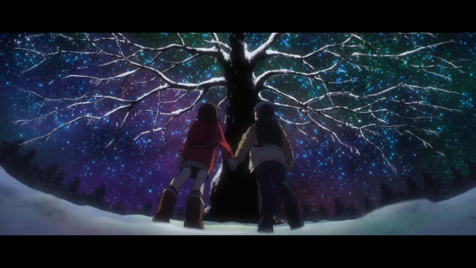Erased 桌布 壁紙 — 兩個孩子在灑滿雪花的樹下牽手，背景是充滿活力的星空夜空。