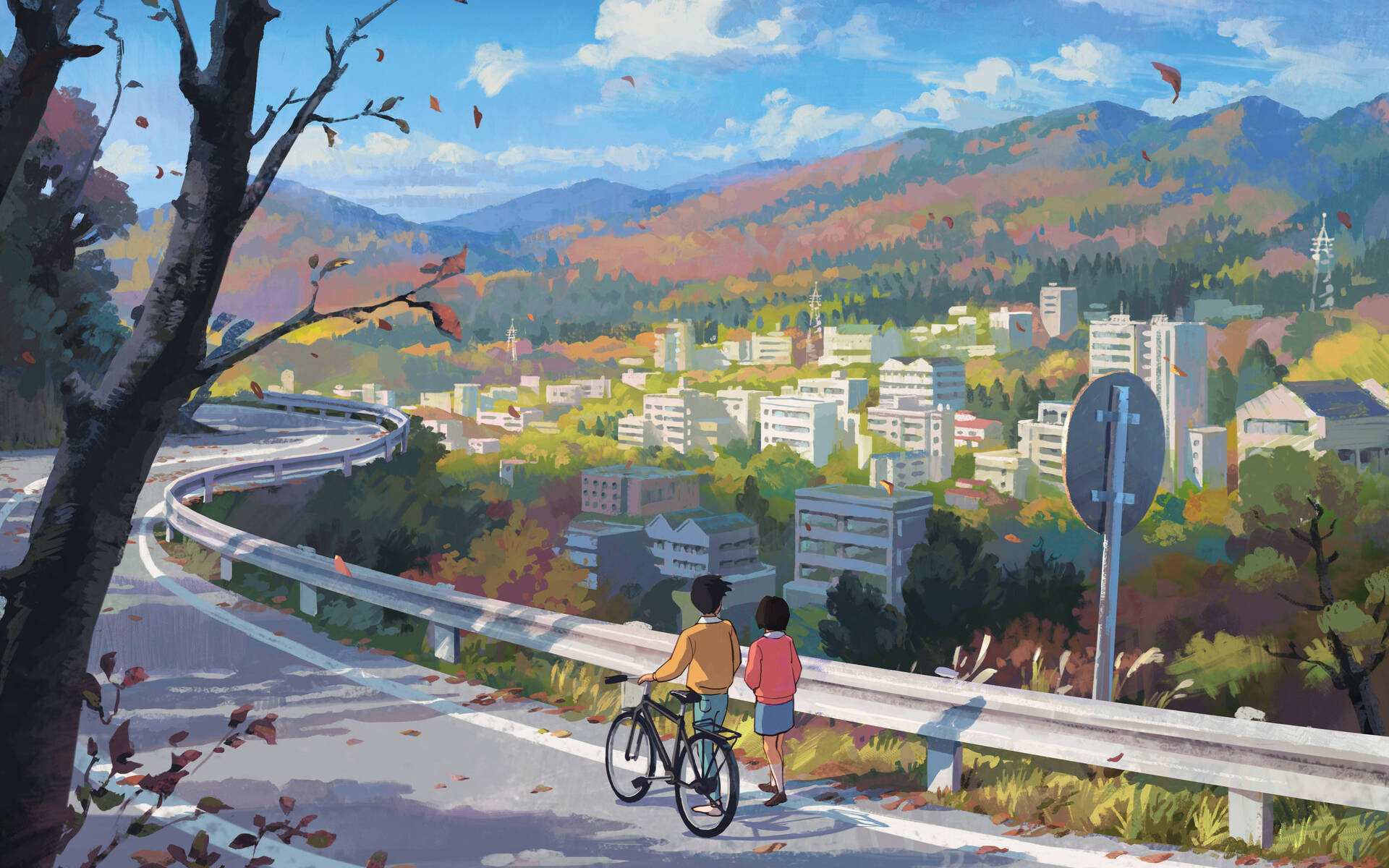 Studio 桌布 壁紙 — 兩個孩子在蜿蜒的道路上停下來，騎著自行車，欣賞色彩繽紛的山丘中充滿活力的秋谷小鎮，頭頂是明亮的藍天。