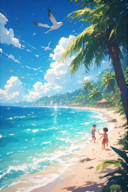 Anime Summer Beach Scene 壁紙 — 兩個孩子在陽光明媚的熱帶海灘上奔跑，海鷗在碧綠的海水和棕櫚樹上空翱翔。