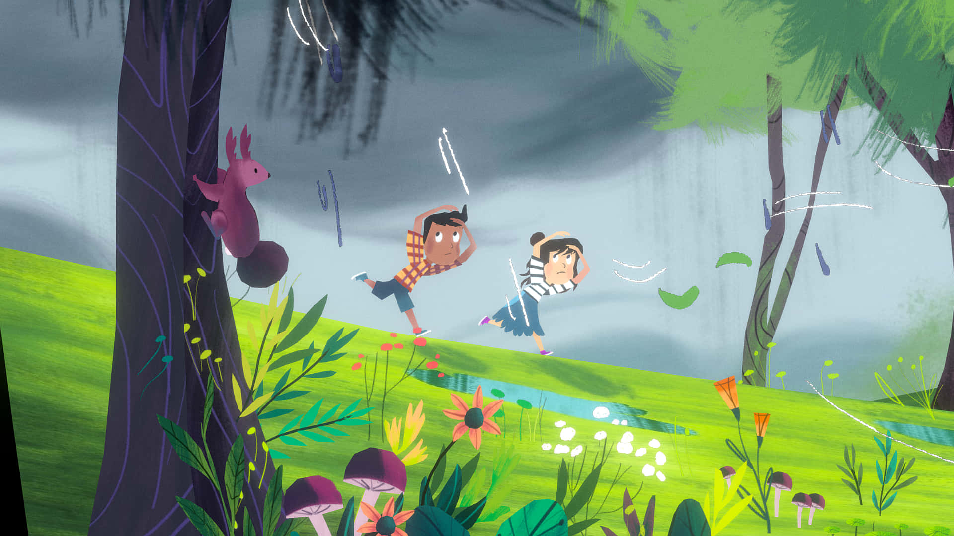 Storybook 桌布 壁紙 — 兩個孩子在雨中穿過充滿活力的森林，一隻粉紅色松鼠從樹上觀看。
