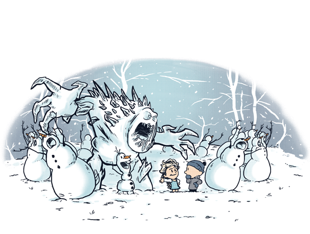 凱文的幻虎世界 桌布 壁紙 — 兩個孩子在雪地森林中面對一個巨大的雪怪，雪人在旁觀看。