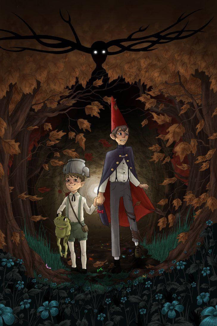 over the garden wall 桌布 壁紙 — 兩個孩子在黑暗的秋日森林中手牽手，一個發光的眼睛的陰影生物在頭頂若隱若現。