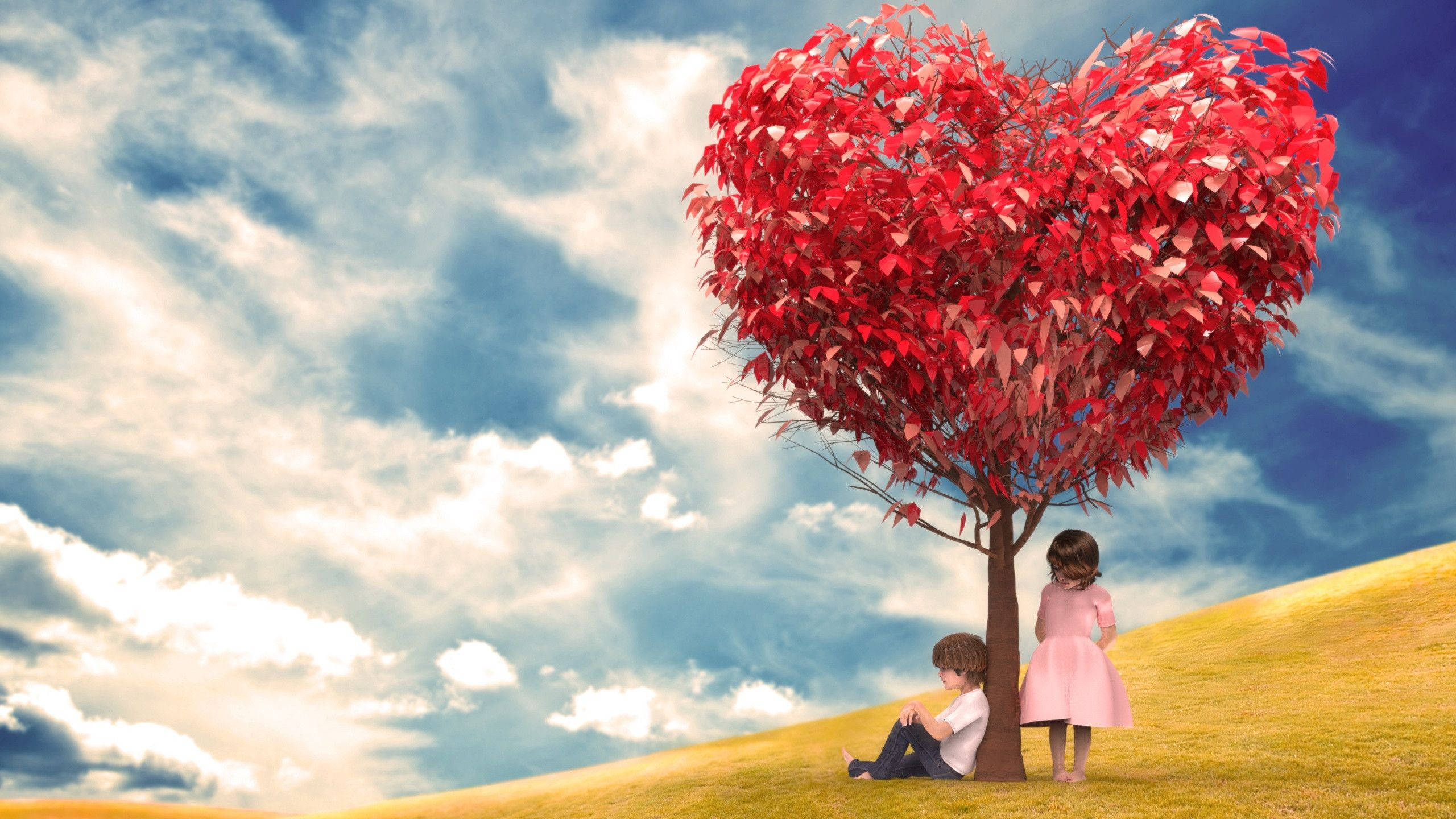 Romantic Love 桌布 壁紙 — 兩個孩子坐在金色山丘上一棵鮮紅色心形樹下，天空戲劇性地多雲。