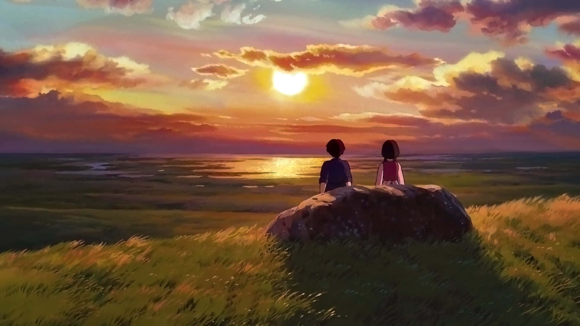 Tales From Earthsea 桌布 壁紙 — 兩個孩子坐在長滿草的山丘上，觀看在色彩繽紛的雲層下，夕陽沉入廣闊的海洋。