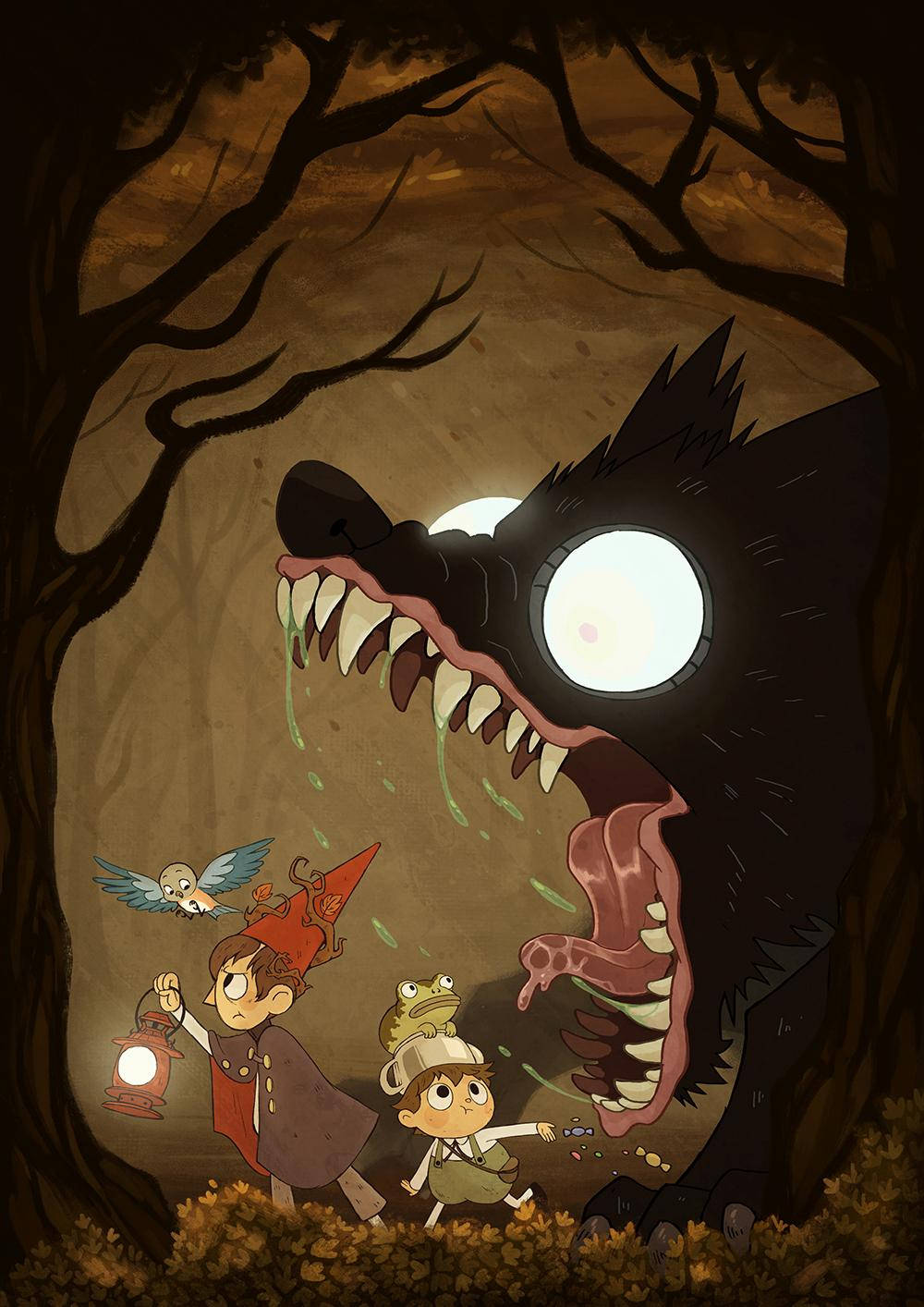 over the garden wall 桌布 壁紙 — 兩個孩子帶著一隻鳥和一隻青蛙在黑暗的森林中逃離一隻眼睛發光的巨狼。
