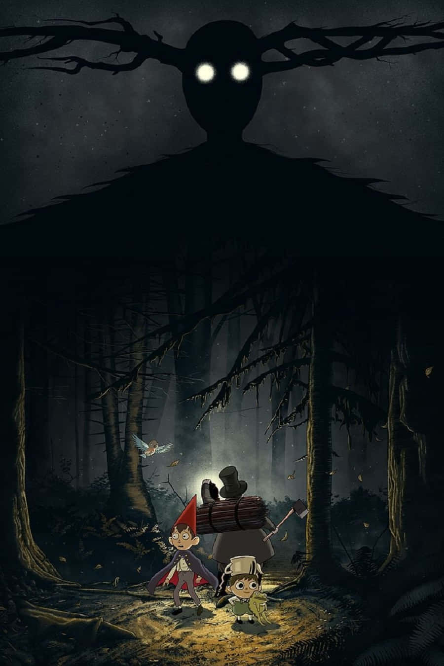 over the garden wall 桌布 壁紙 — 兩個孩子帶著背包和一隻鳥，站在黑暗的森林中，一棵陰影樹帶著發光的眼睛籠罩著他們。