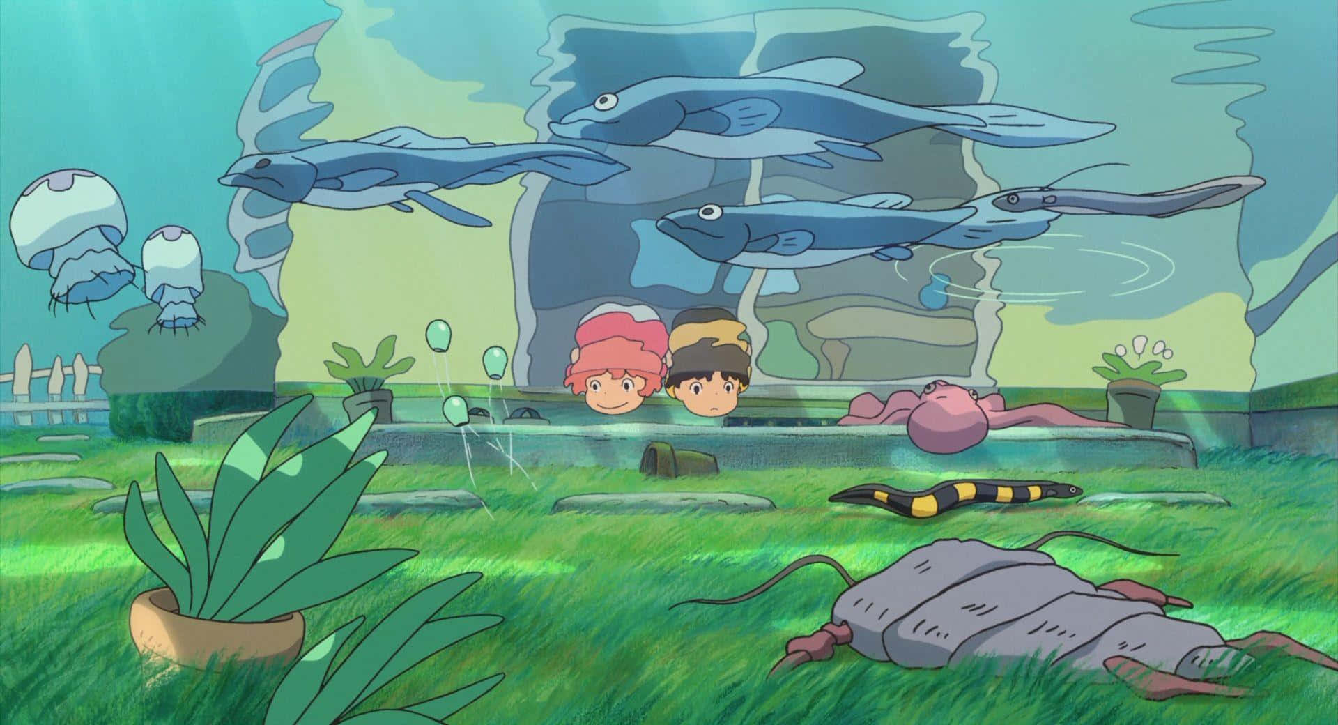 Aesthetic Ghibli 桌布 壁紙 — 兩個孩子從石牆後面偷看一個充滿藍色魚、水母和異國生物的充滿活力的水族館。